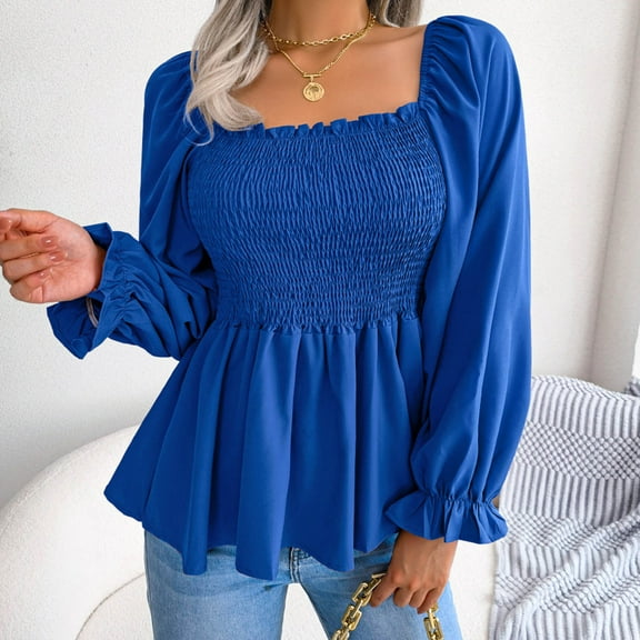 BLTIBY Womens Long Sleeve Top Spring Fall Solid Color Square Neck Slim Fit Pleated Hem Shirts Fashion Casual Pullover Blouse Blue S