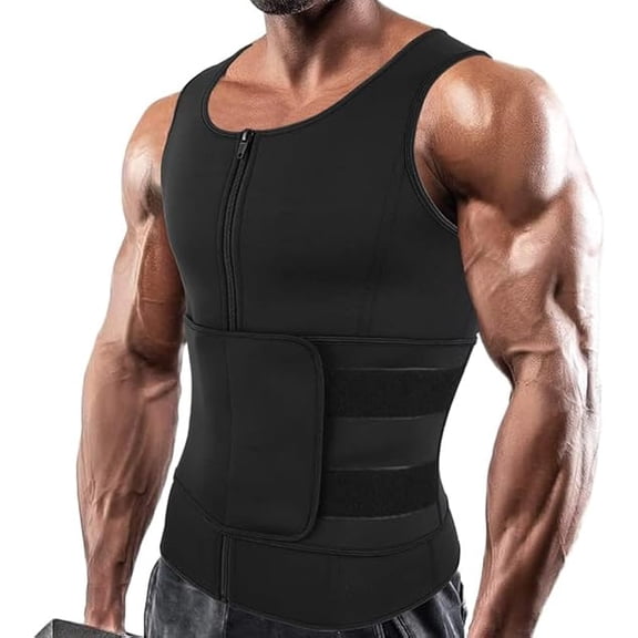 Mens Sauna Vest for Waist Trainer Zipper Neoprene Tank Topwith Trimmer Belt Adjustable Sweat Sauna Workout Zipper Suit L(60KG-67.5KG)