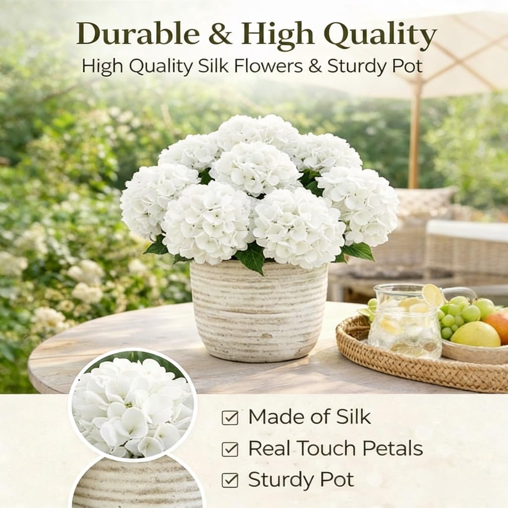 Hydrangea Artificial Flowers, Real Touch Flowers Hydrangea UV Resistant Outdoor Faux Silk Floral Bundles Porch Garden Decor