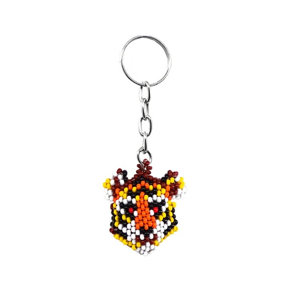 Tiger Head Czech Glass Seed Bead 3D Figurine Keychain Metal Ring - Handmade Gifts Boho Car Keys Bag Jungle Animal Accessories
