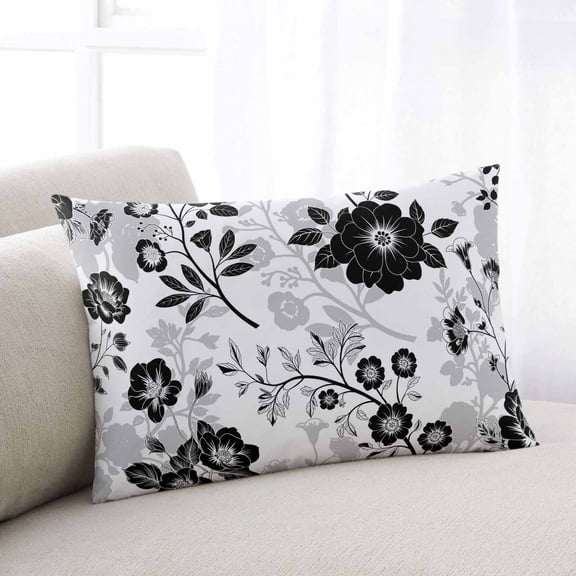 Vintage Flowers Throw Pillow Cover, Pillowcase Protectors with Zipper, Breathable Decorative Lumbar Pillow Case Cover, Black White Farmhouse Floral Plants Pillow Shams for Couch Sofa 12x20Inch