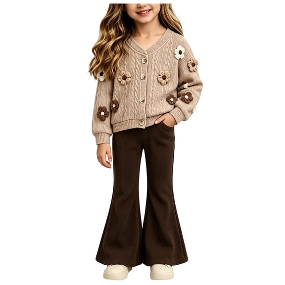Mnyotv Flower Knitted Jacket and Flared Pants 2Pcs for Girls Casual Fall Winter Outfits Toddler Baby Girl Clothes Size 18M