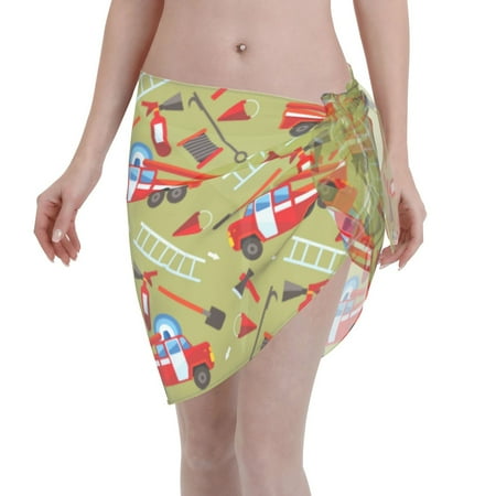 Coaee Cartoon Fire Truck Women s Short Sarongs Beach Wrap Sheer Bikini Wraps Chiffon Cover Ups for Beach  Swimming  Holiday