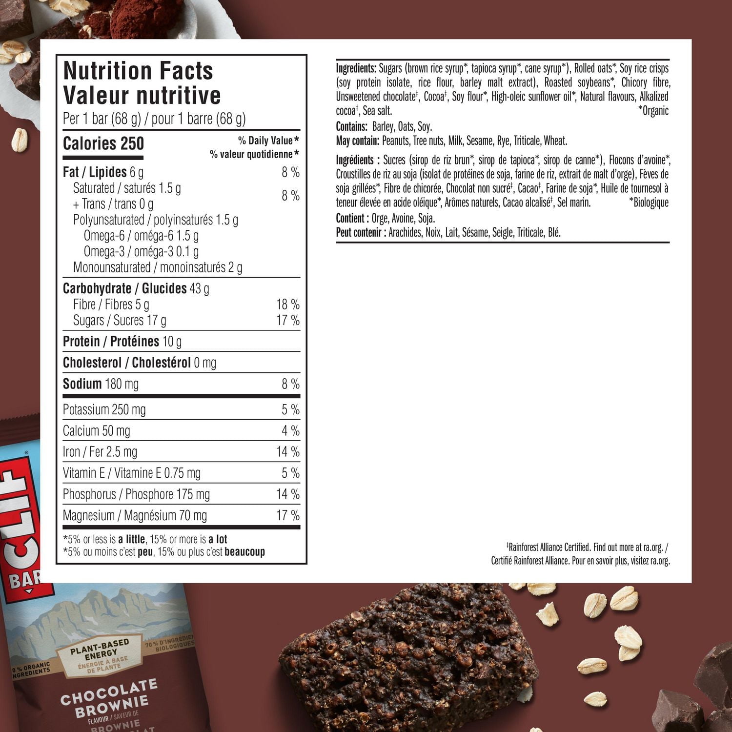 CLIF BAR, Chocolate Brownie Flavour Energy Bar, 70% Organic Ingredients, No Artificial Flavours