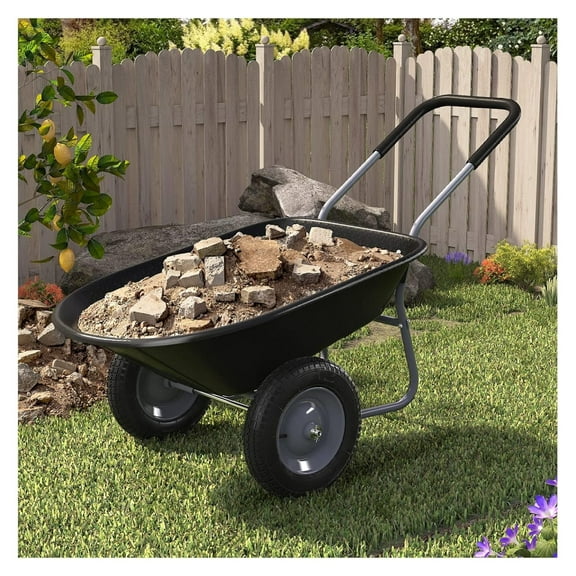 KriKac Enlarged 2-Wheel Wheelbarrow, Easy Loading and Dumping Garden Cart, Heavy Duty Utility Dump Cart for Outdoor Lawn Yard Farm Ranch, Black