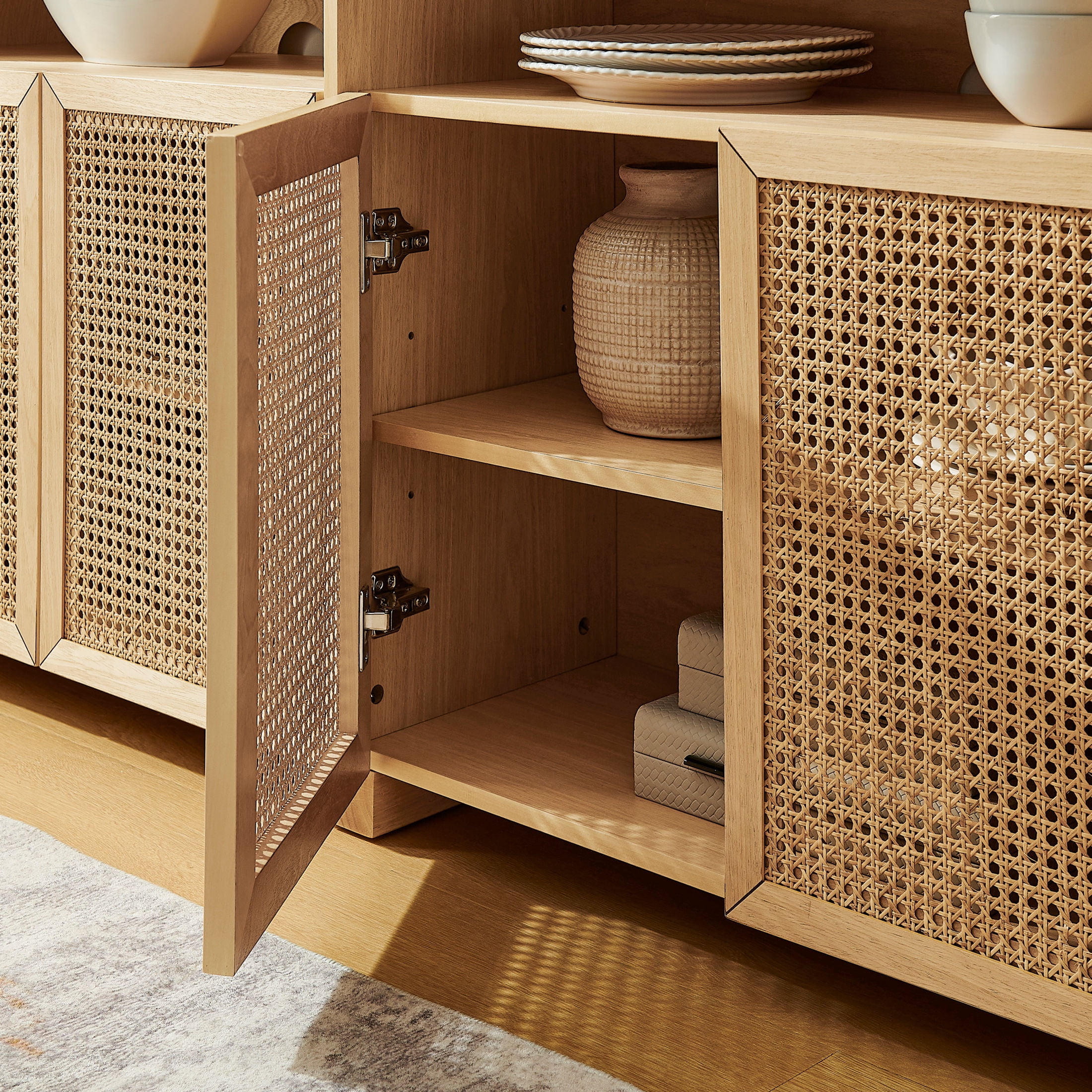 GDF Studio 63" Mid Century Modern Rattan Sideboard Buffet Cabinet with 4 Doors, Adjustable Shelves, Natural
