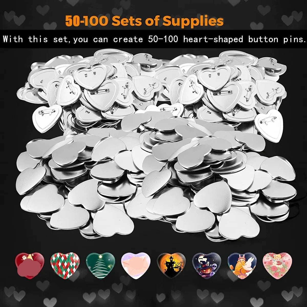 53X57.5MM Heart-Shaped Pin Button Maker Parts,Include 50-100Sets of Heart-Shaped Metal Cover Button ,Beginner-Friendly