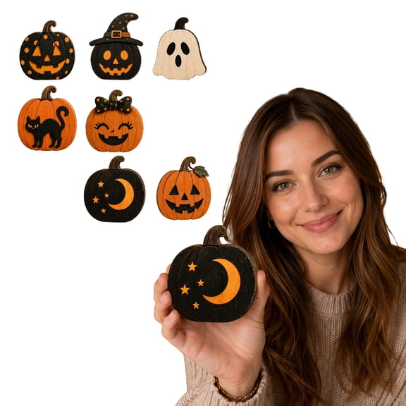 7 Pcs, Wooden Halloween Pumpkin Decorations 5 Inch Indoor Halloween Table Decorations Spooky Cute Decor for Home Office Party Fall Harvest Display, 7 Pack