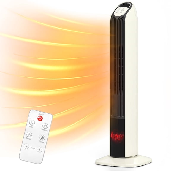 Auertech 33" Tower Space Heater, 1500W PTC Electric Heater with 3D Flame, Oscillation, Remote Control & 12H Timer, Portable Heater for Large Rooms, Bedroom, Office, Beige