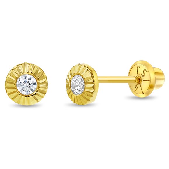 Boucles d'Oreilles à Vis en Or Jaune 14k 4mm Zircon Cubique Clair Tournesol pour Filles