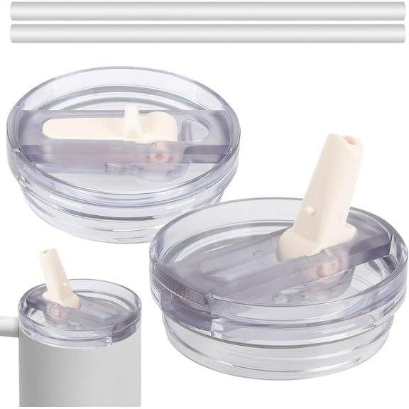 BAN 40 OZ Tumbler Lid Replacement for Stanley Quencher, 2 Pack Upgraded Flip Straw Replacement Lids with 2 Straws for 40 OZ Tumbler, Leakproof Tumbler Covers for Stanley Cup, Cream White