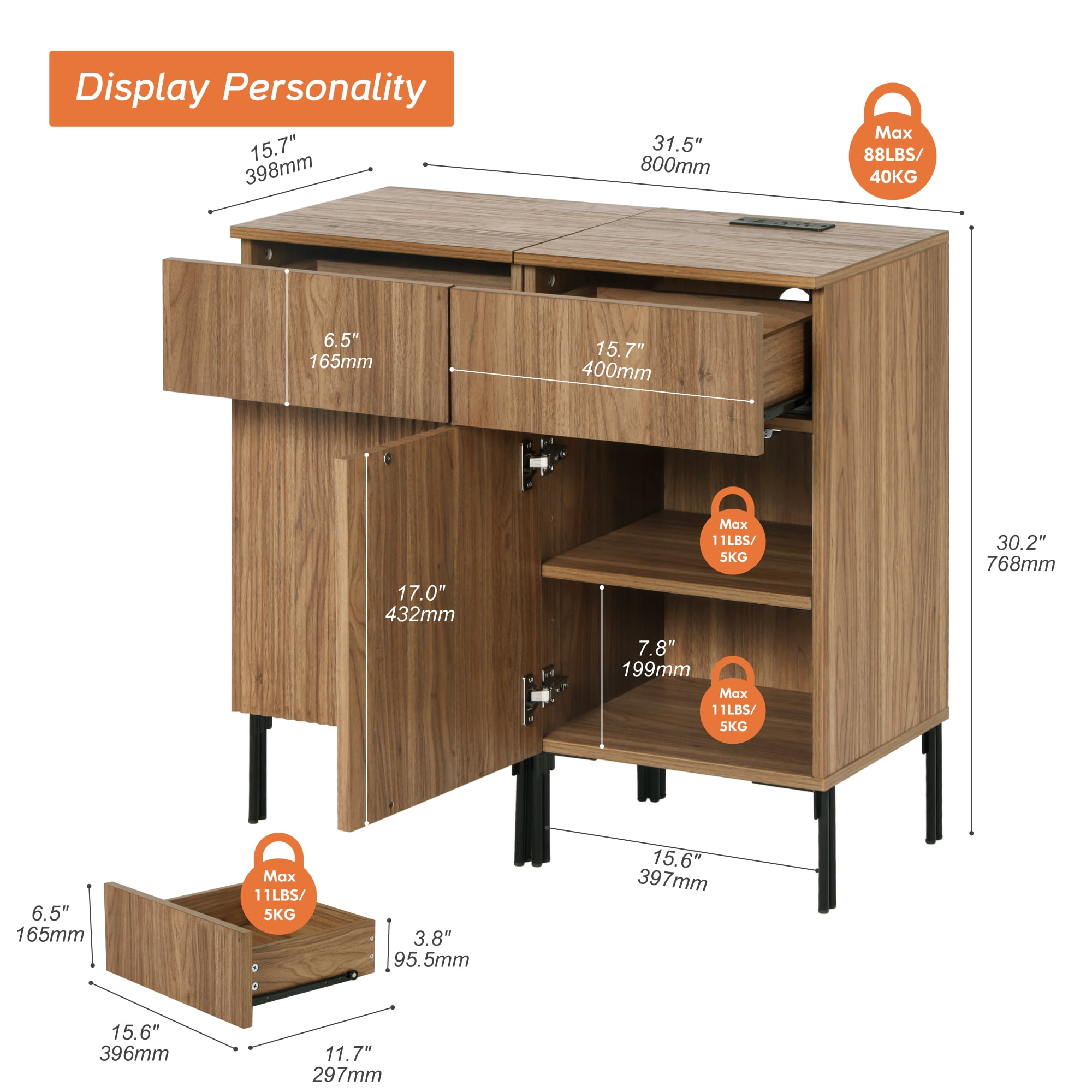 Modern Minimalist Nightstand Set of 2 with Built-In Outlets, Reed Pattern Design