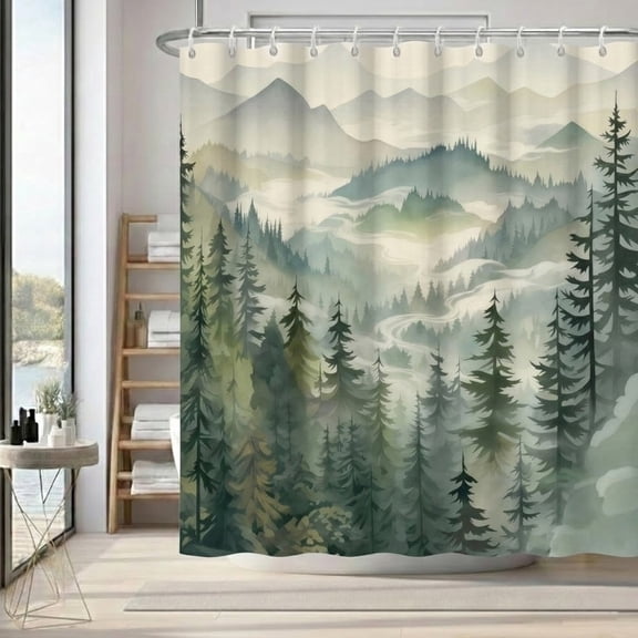 72x72in Green Forest Mountain Shower Curtain for Bathroom Decor