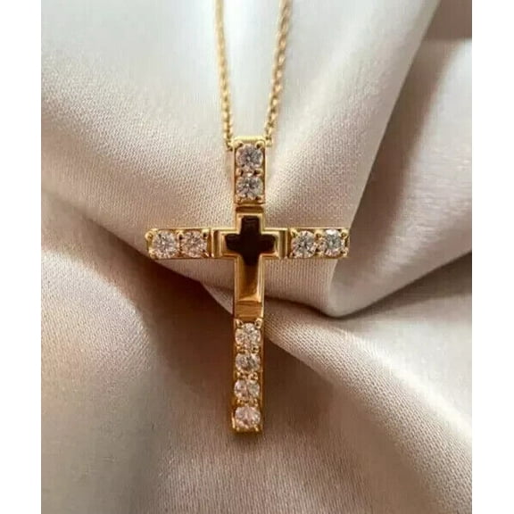 14K Yellow Gold Plated Round Cut 2Ct Lab Created Diamond Women's Cross Pendant