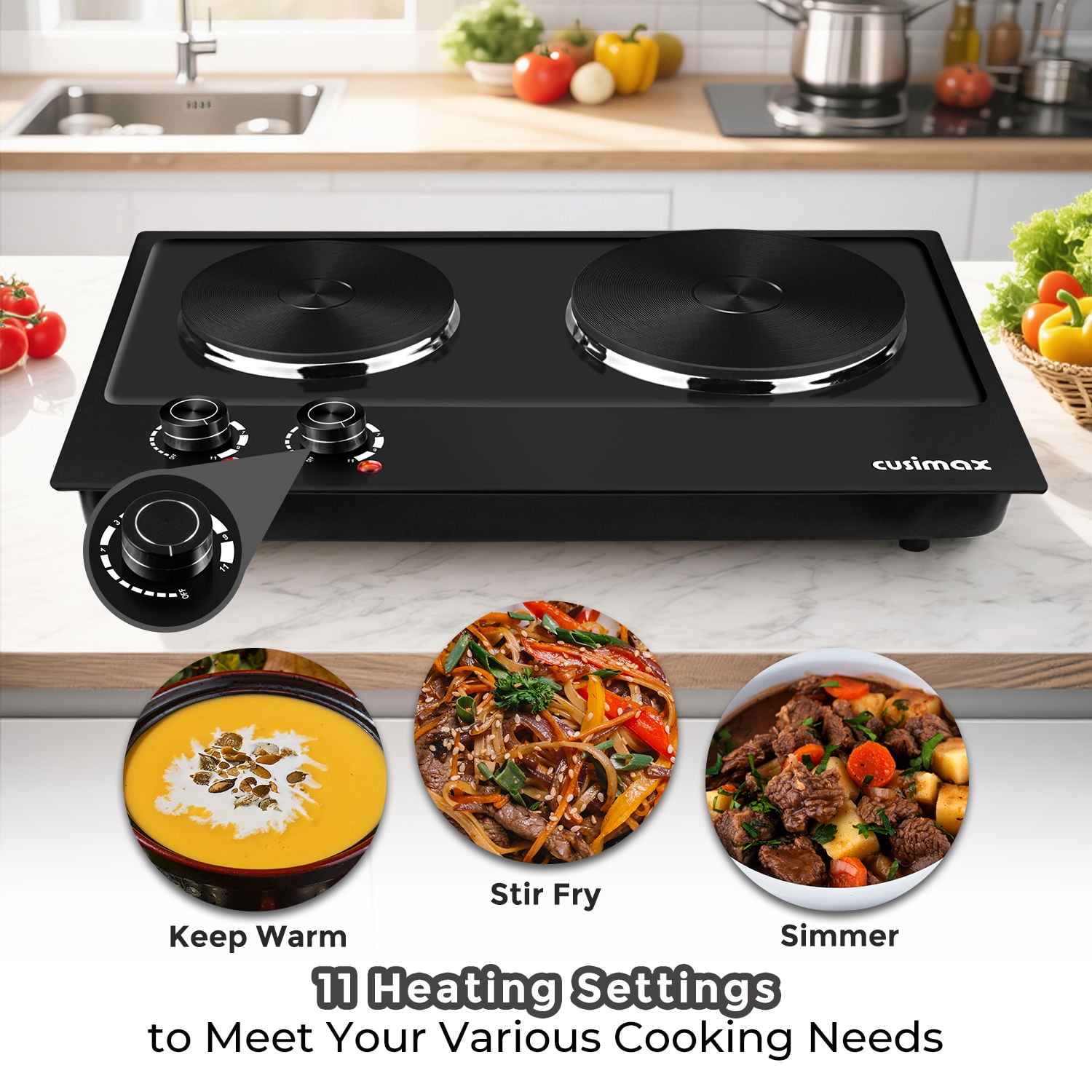 CUSIMAX 1800W Portable Double Burner Hot Plate – Stainless Steel Countertop Electric Cooktop with Dual Cast Iron Heating Plates, Easy-to-Clean Design, Upgraded Version