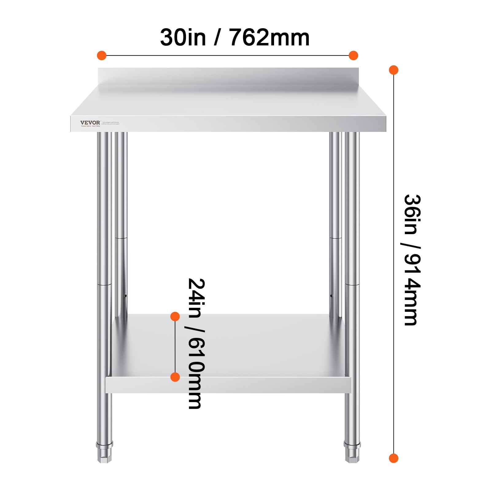 VEVOR 24 x 30 x 36 Inch Stainless Steel Work Table, Commercial Food Prep Worktable Heavy Duty Prep Worktable, Metal Work Table with Adjustable Height for Restaurant, Home and Hotel