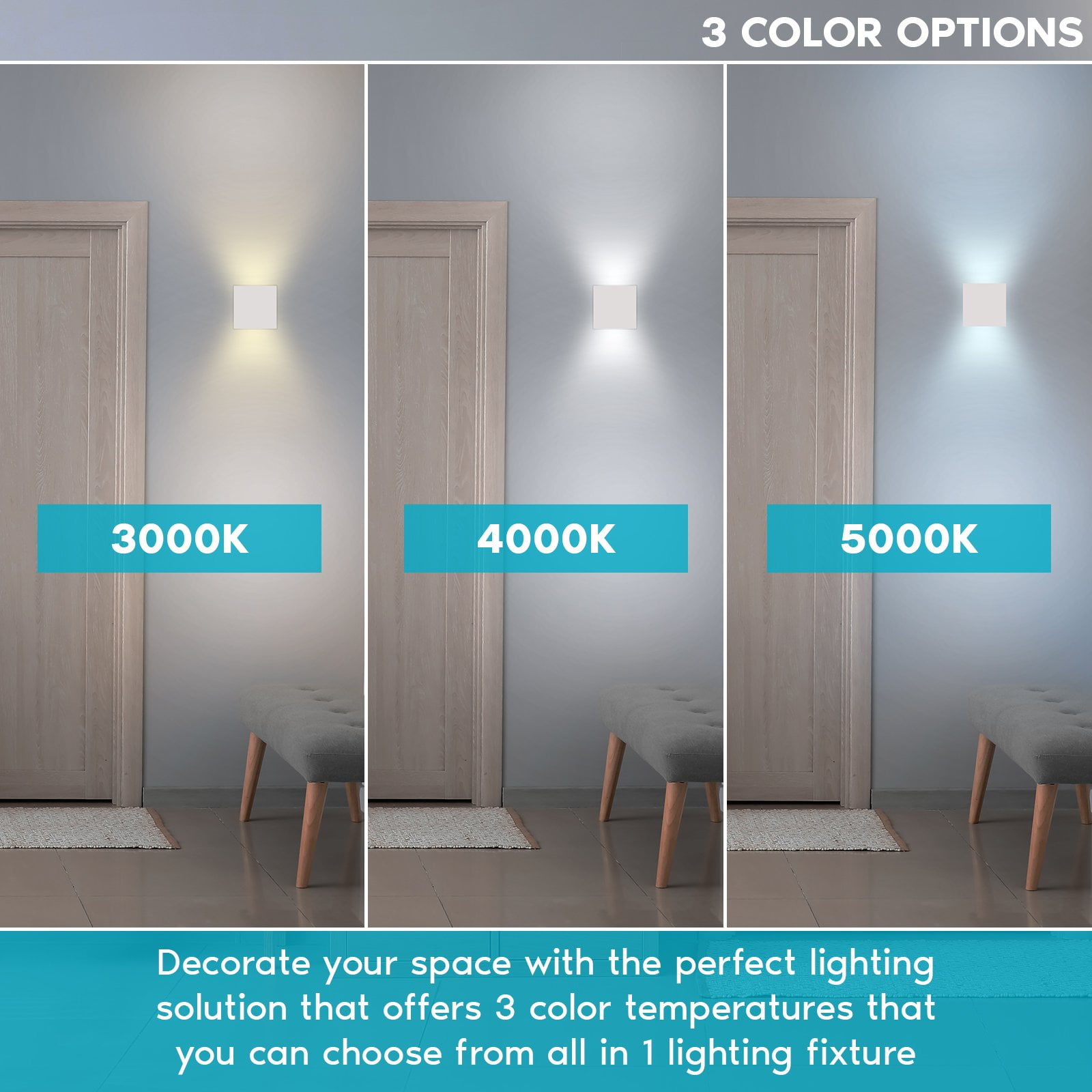 Luxrite Square LED Up and Down Wall Sconce, 3 Color Selectable, 15W, 1000 Lumens, ETL Listed, Wet Rated - White