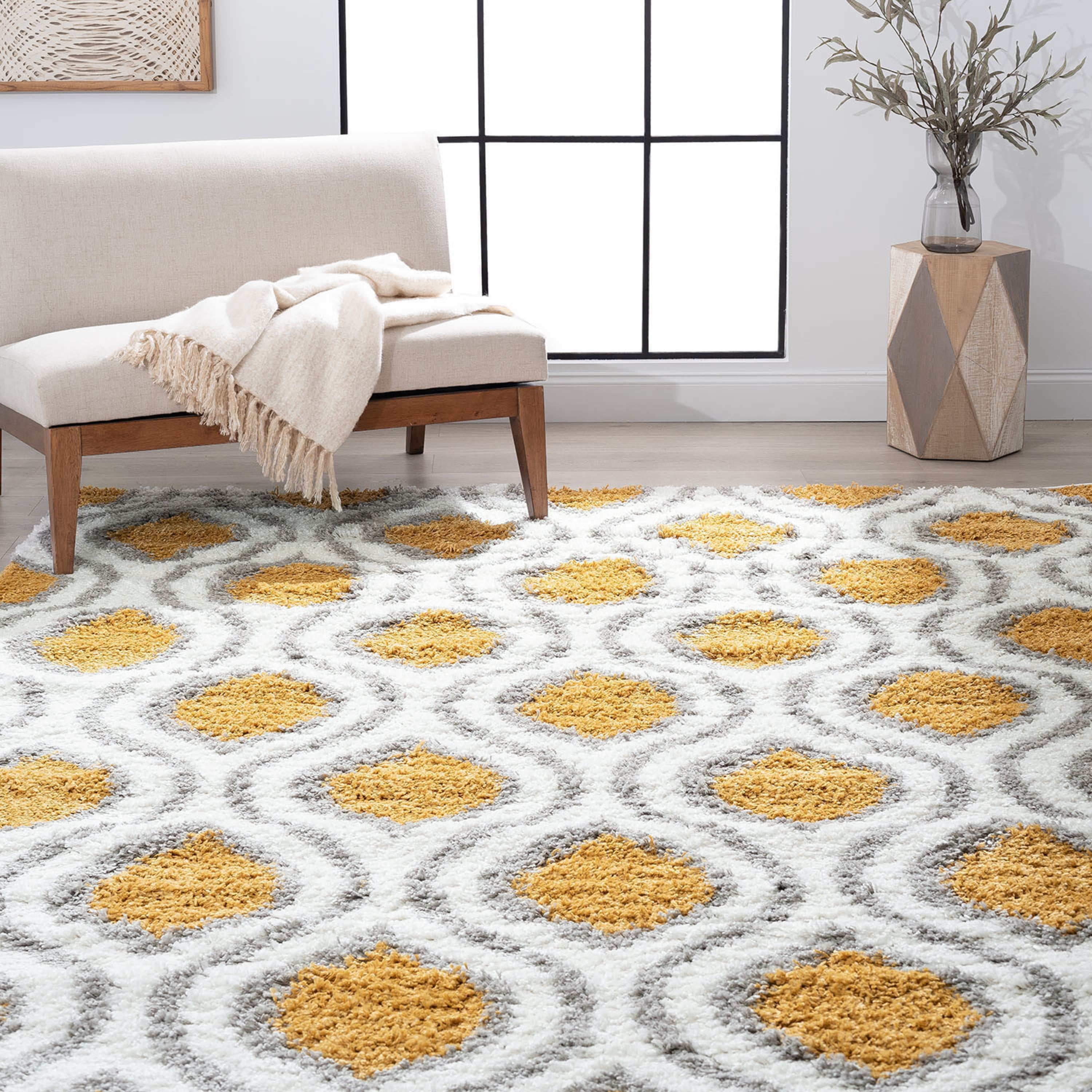 Ochre Mustard Yellow Patchwork Rug Contemporary Checked Living Room Grey Rugs 