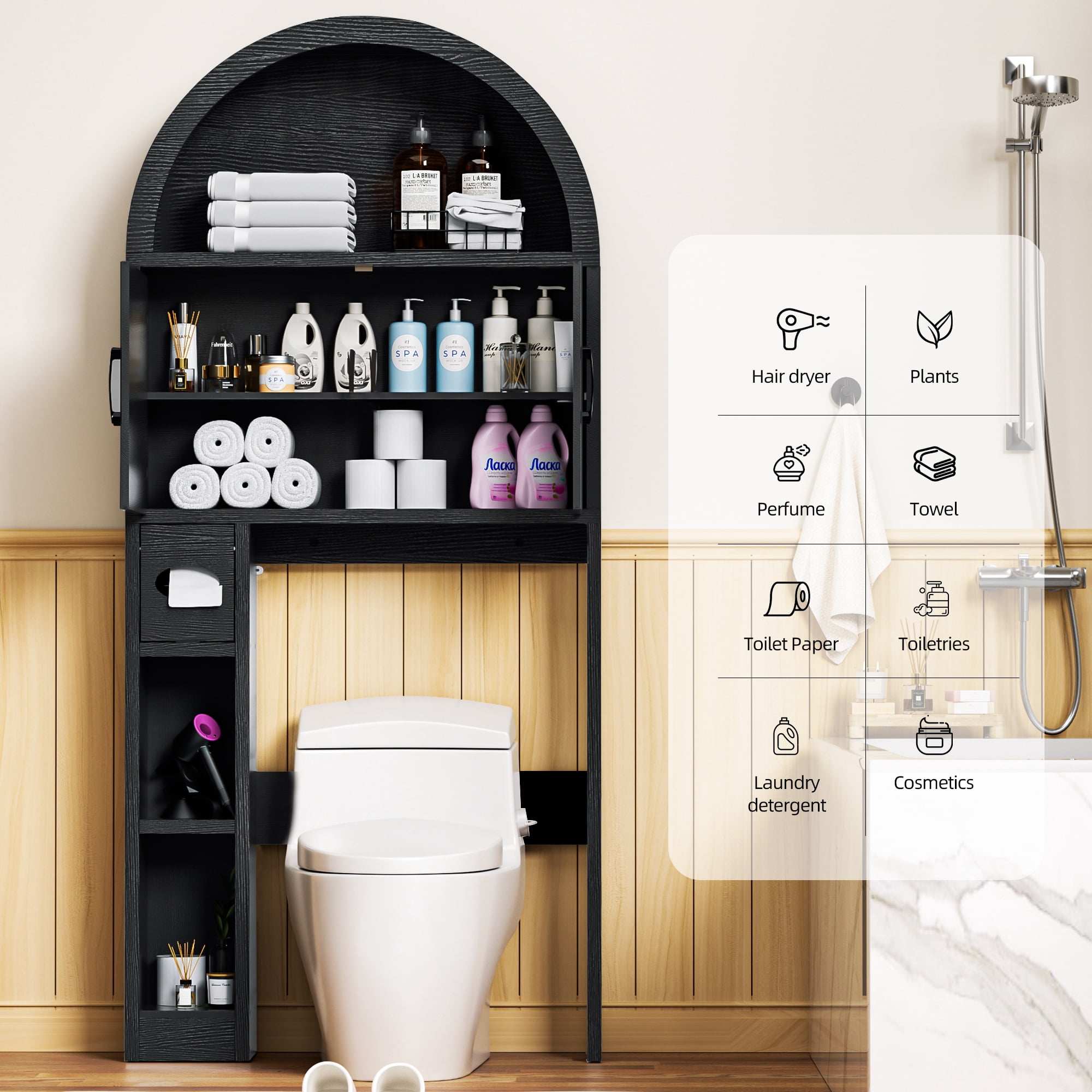 AHB Over Toilet Storage Cabinet with Arc Design, Freestanding Bathroom Organizer with Doors, 7.7"D x 30.5"W x 67.7"H, Black