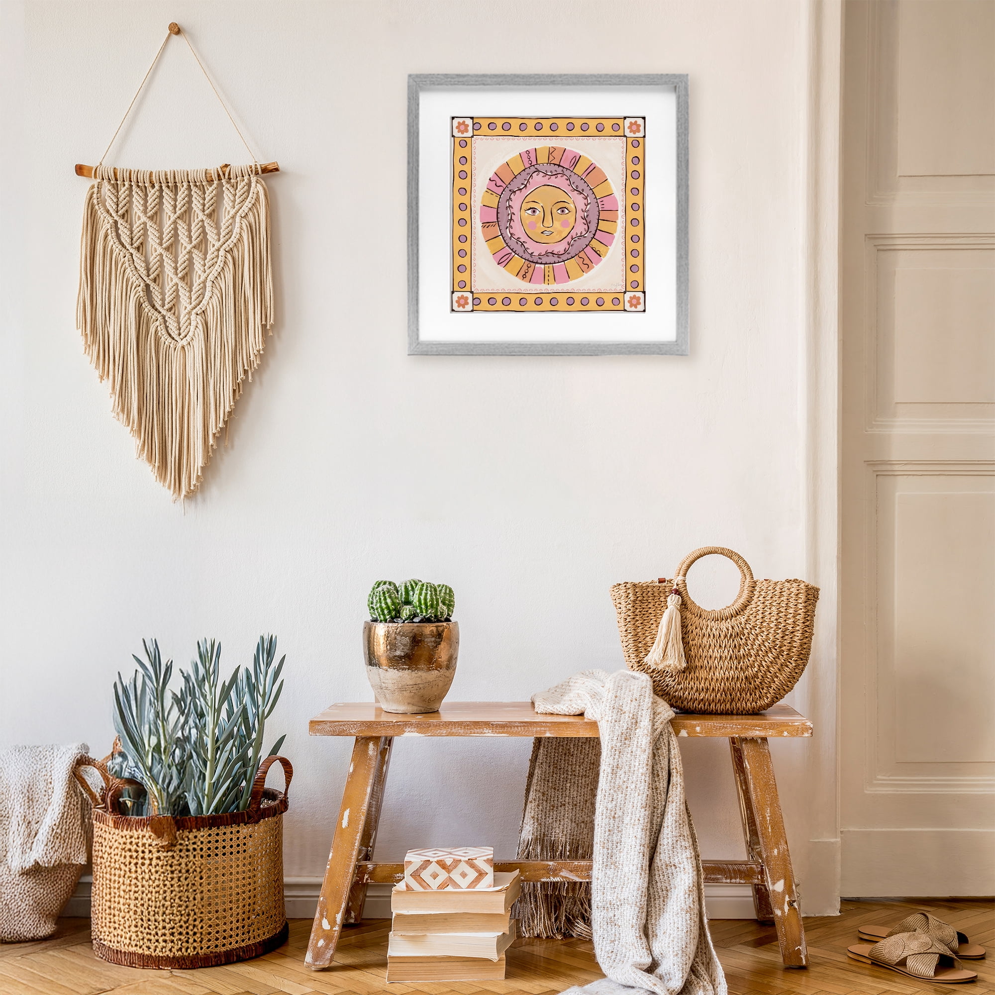Stupell Industries Pastel Sun Face with Border Gray Framed Print Under Glass, design by Two If By Sea Studios
