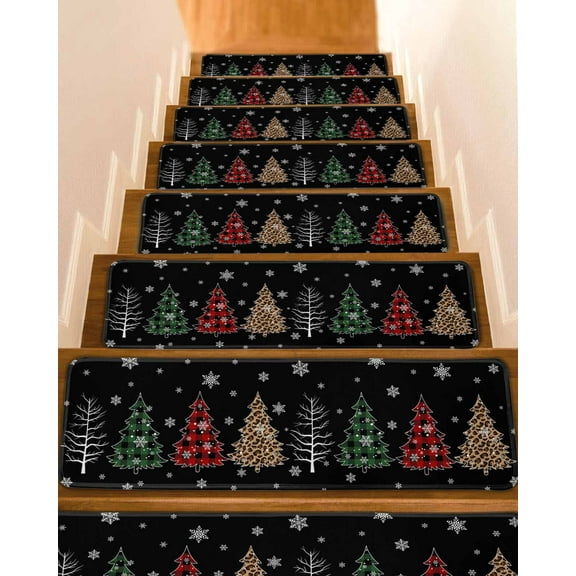 Christmas Tree, Stair Treads for Wooden Steps Indoor Runner Rug Carpet, Rustic Buffalo Snowflake Red Green Black 10 Pieces Peel and Stick Staircase Step Treads Covers Washable Throw Door Mats, 30"x8"