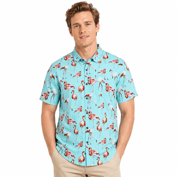 Beautiful Giant Flamingo Casual Button Down Shirts Short Sleeve Hawaiian Shirt for Men