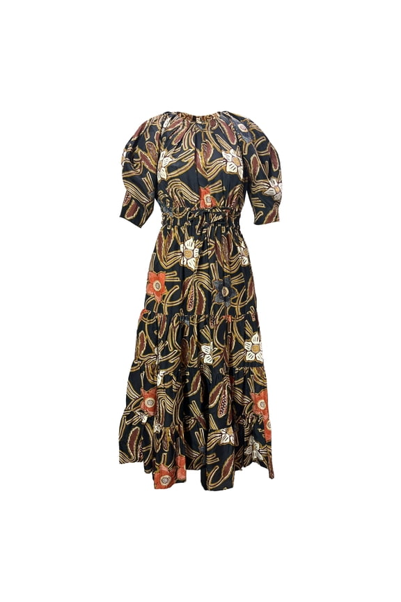 Pre-Owned Ulla Johnson Zeenat Floral Print Shirred Midi Puffed Sleeve Dress in Multicolor Silk