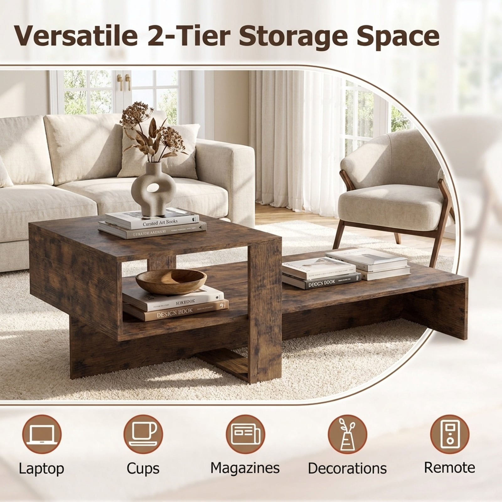 Furnibear 2 Tier Modern Irregular Coffee Table with Open Storage Shelf and Geometric Silhouette for Living Room for Home and Living Space, Brown