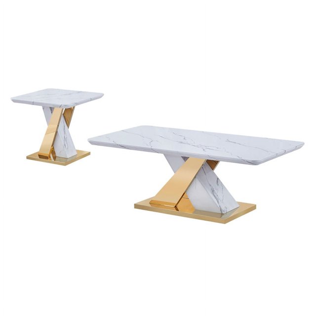 2pc White Faux Marble Coffee Table Set with Gold Stainless Steel