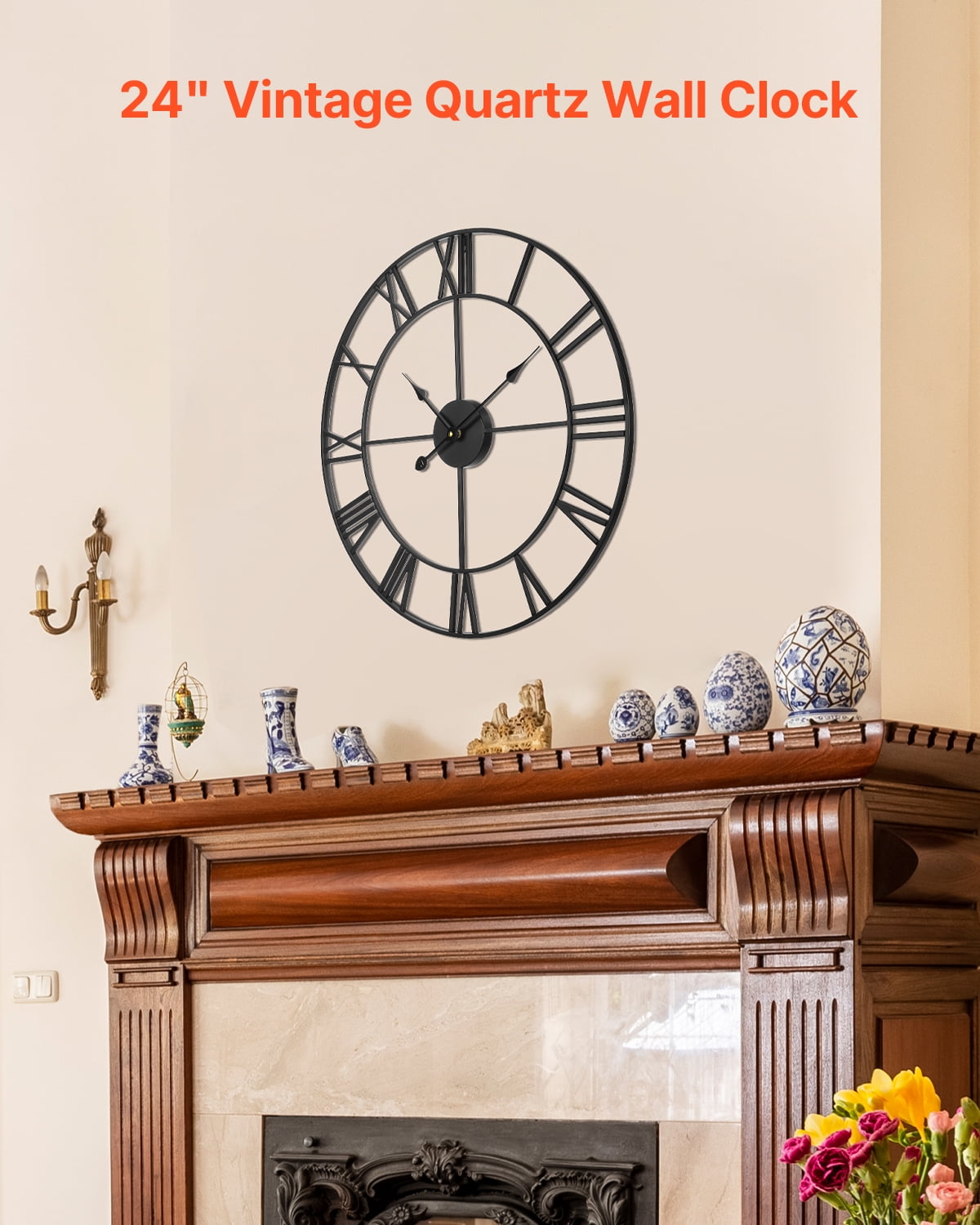 KFFKFF 24in Decorative Wall Clock with Roman Numerals, Battery-Powered Round Clock for Living Room, Bedroom, Office, Farmhouse Style, Black