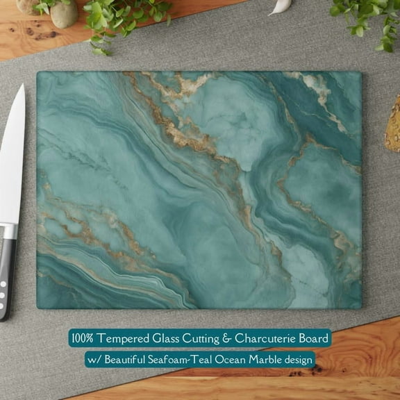 Beautiful Seafoam-Teal Ocean Marble-design Glass Cutting & Serving Board Charcuterie Tray Housewarming Gift Ocean Kitchen Decor Cheeseboard