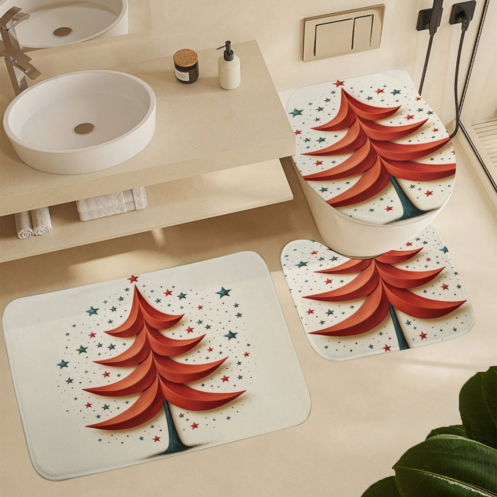 Christmas Tree Red Star Clean Simple Shower Curtain Sets 4 Piece Bath Mat U-Shaped Floor Mat Toilet Lid Oval Rug Hello Winter Waterproof Shower Curtain for Bathtub Decor