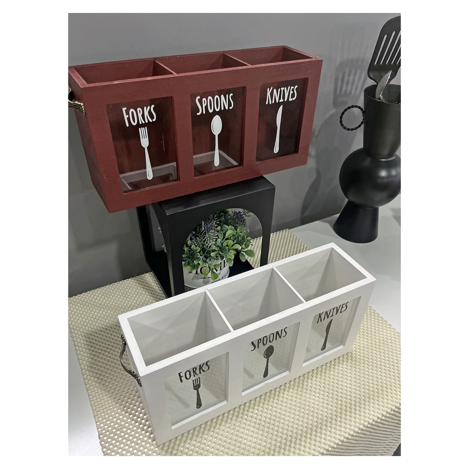 Wood Flatware Organizer, Rustic Utensil & Silverware Holder for Forks, Spoons, Knives, Farmhouse Kitchen Cutlery Caddy Bin Countertop, 1 Pcs, 11.81x3.43x5.51"