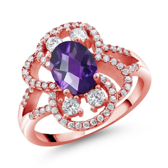 Gem Stone King 18K Rose Gold Plated Silver Statement Ring Set with Oval Checkerboard Purple Amethyst (2.32 cttw) (Size 6)