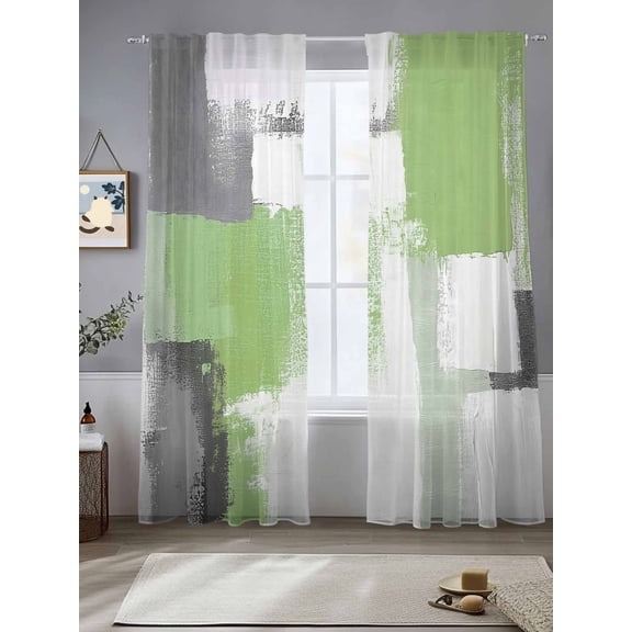 Sage Green Sheer Curtains 96 Inches Long 2 Panels Gray Graffiti Color Blocks Abstract Modern Art Light Filtering Semi Sheer Window Curtains Drapes for Bedroom Living Room 52"x96"
