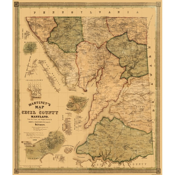 Historic County Map - Cecil County Maryland - Martenet 1858 - Vintage Wall Art