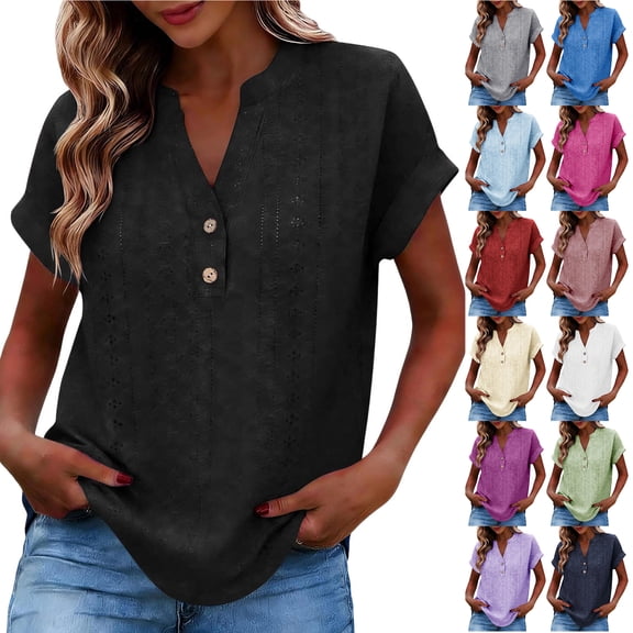 Otntypg Women Henley Tops Short Sleeve Button V Neck Lace Crochet Eyelet Shirts Dressy Casual Tunic Blouses Fashion Summer Tee T-Shirts Vacation Outfits Navy XXL