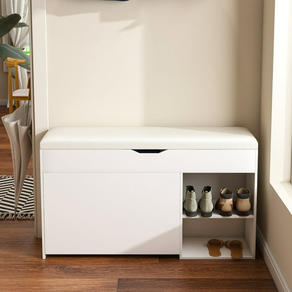 Aukfa Shoe Storage Bench with Adjustable 3-Tier Storage Shelves,Space-Saving Shoe Organizer for Hallway/Living Room,White