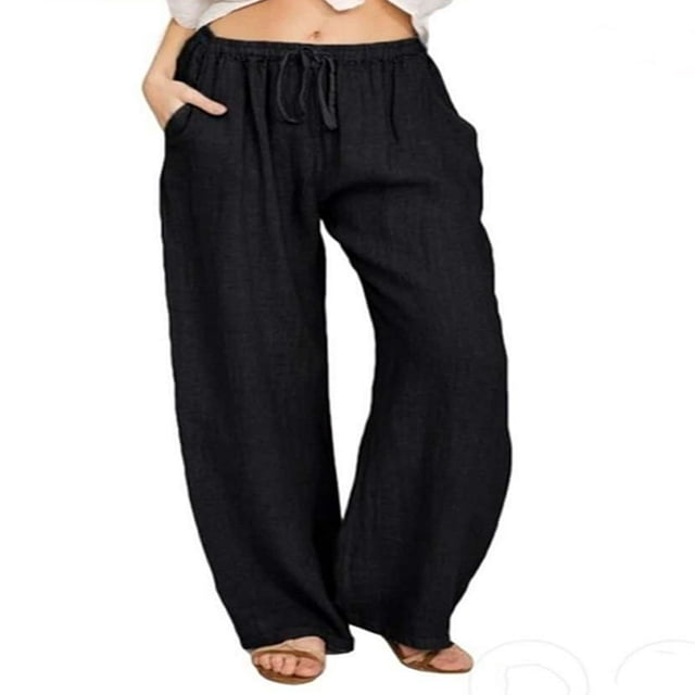 Women‘s Linen Plus Size High Waisted Loose Fit Pants Drawstring Closure Gothic Trousers for Women