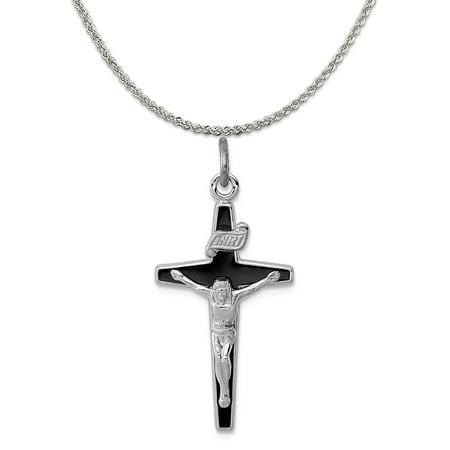 Sterling Silver Enameled Crucifix Charm (28mm X 13mm) With A Sterling Silver Rope Chain Necklace 20