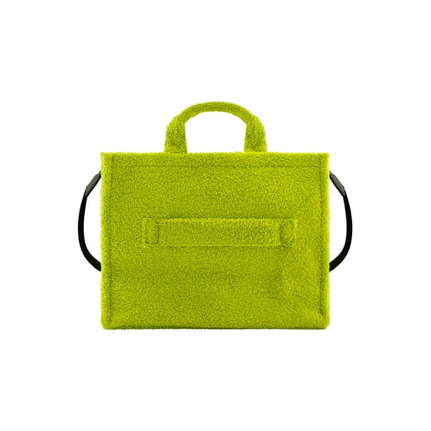 Dr. Seuss The Grinch Tote Bag, Faux Fur Travel Handbag with Adjustable Shoulder Strap and Trolley Sleeve, Green