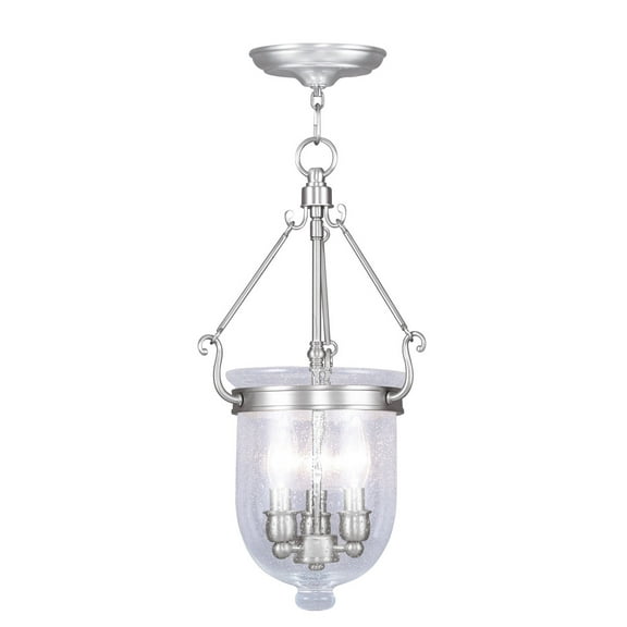 3 Light Brushed Nickel Chain Lantern Pendant Lighting Fixture with Seeded Glass Shade backed with Steel material for patio, front porch, entryway and more