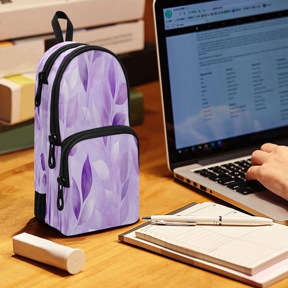 Backpack Pencil Case, 3 Compartment Large Capacity Oxford Fabric Pencil Pouch / Misty Purple Leaves