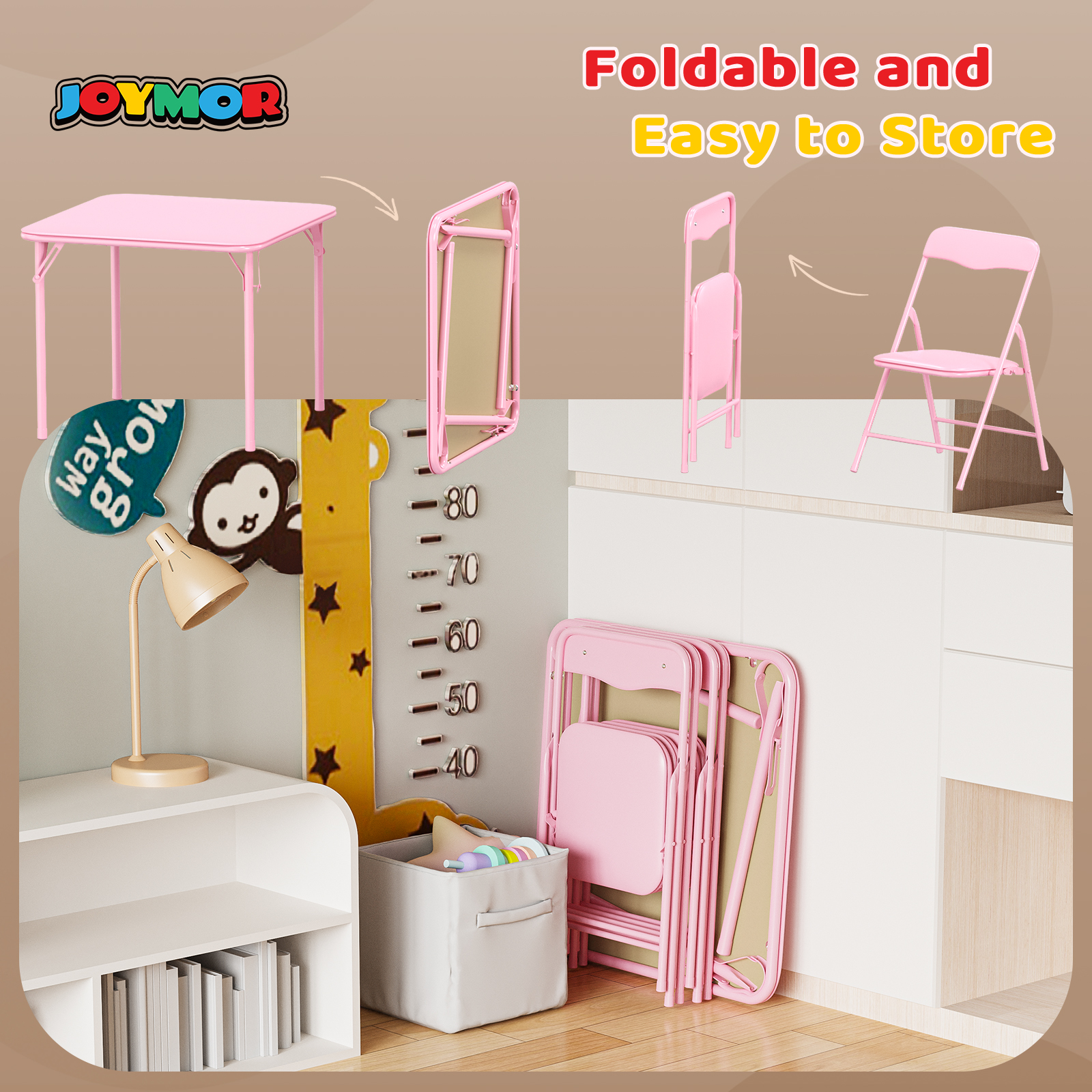 Matladin 3-Piece Kids Folding Table and Chairs Set, Metal Frame Children's Activity Set with Easy-Fold Design, Kids Table with 4 Chairs