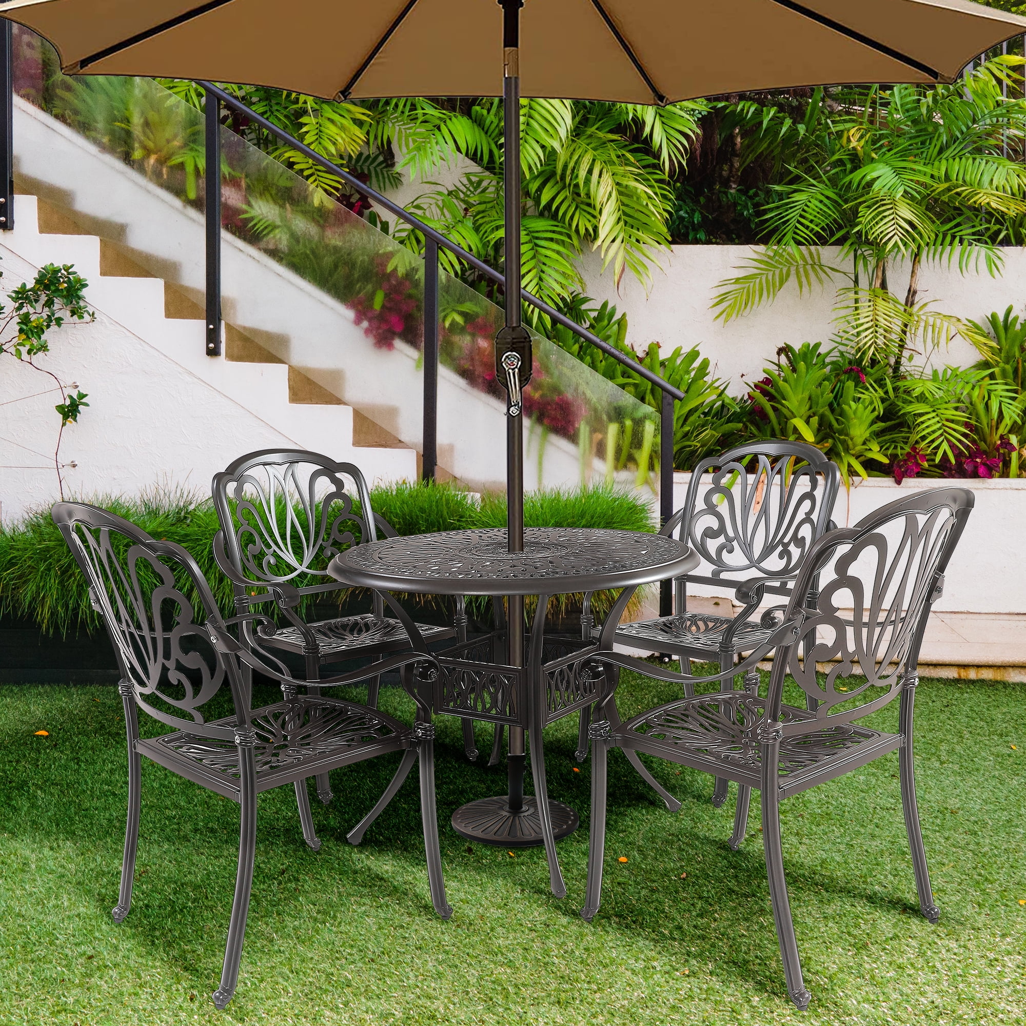 Kadyn 5PCS Outdoor Furniture Dining Table Set, All-Weather Cast Aluminum Patio Furniturev with 1 Round Table, 4 Chairs and Umbrella Hole, Outside Patio Table and Chairs for Patio Garden Deck, Black Kadyn 5PCS Outdoor Furniture Dining Table Set, All-Weather Cast Aluminum Patio Furniturev with 1 Round Table, 4 Chairs and Umbrella Hole, Outside Patio Table and Chairs for Patio Garden Deck, Black