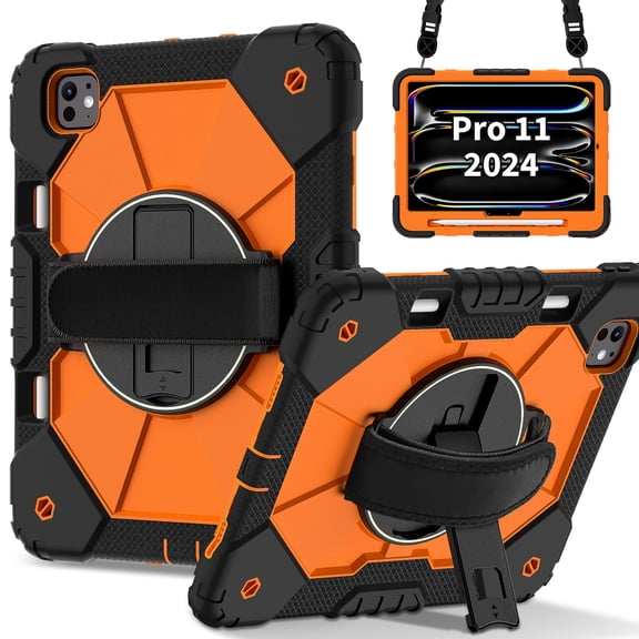 ELEHOLD Rugged Hybrid Case For iPad Pro 11-inch (M5) 2025/(M4) 2024 , Built-in Kickstand 360° Rotating Handstrap Pencil Holder Crossbody Shoulder Strap Shockproof Heavy Duty Case, Black Orange