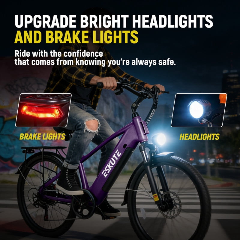 ESKUTE C200 70-Mile Electric Bike for Adults with 840Wh Removable Battery, 1300W Peak Power Ebike, Up to 28MPH Speed, 26" Tires, 7-Speed Adjustable Stem Step-Over E-Bicycle,Purple, UL2849