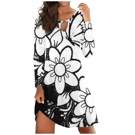 Fall Dresses for Women 2023 Fashion Floral Nocth O-Neck Long Sleeve Tunic Tshirt Dress for Women Swing Sun Dress Beach Swimsuit Cover Ups  Womens Midi Dresses