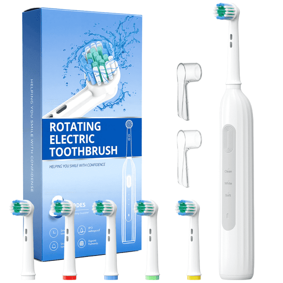 Rotating Electric Toothbrush for Adults, Rechargeable Sonic Toothbrush for Deep Cleaning with 3 Modes , 2 Min Smart Timer, Last 30 Days and IPX7 Waterproof , 6 Replacement Brush Heads (White)