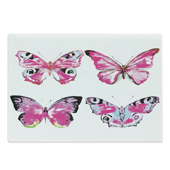 Watercolor Cutting Board, Butterflies Spring Season Nature Wildlife Insects Vintage, Decorative Tempered Glass Cutting and Serving Board, Large Size, Pale Blue Black Pink, by Ambesonne